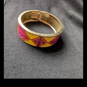 Vintage Hinged Cuff Bracelet with Vibrant Pink, Orange, and Yellow Enamel